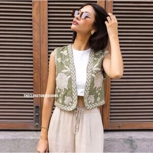 ZARA Embroidered Vest NWT | Khaki Open-Front Waistcoat Boho Chic M/L